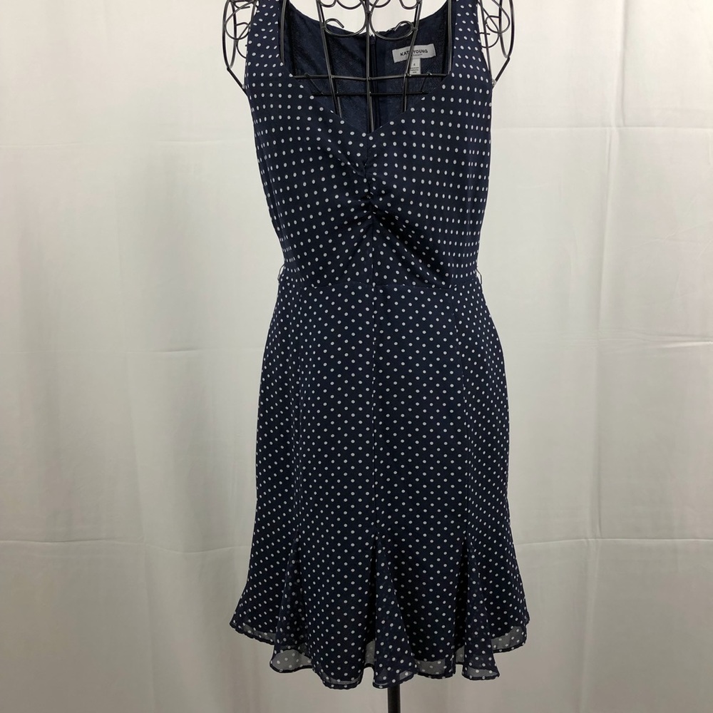 Kate Young navy polka dot sleeveless dress 4